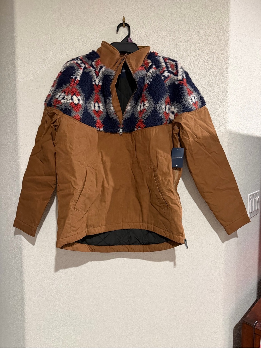 Lucky Brand Brown Pullover Jacket with Navy, Red & White Patterned Yoke